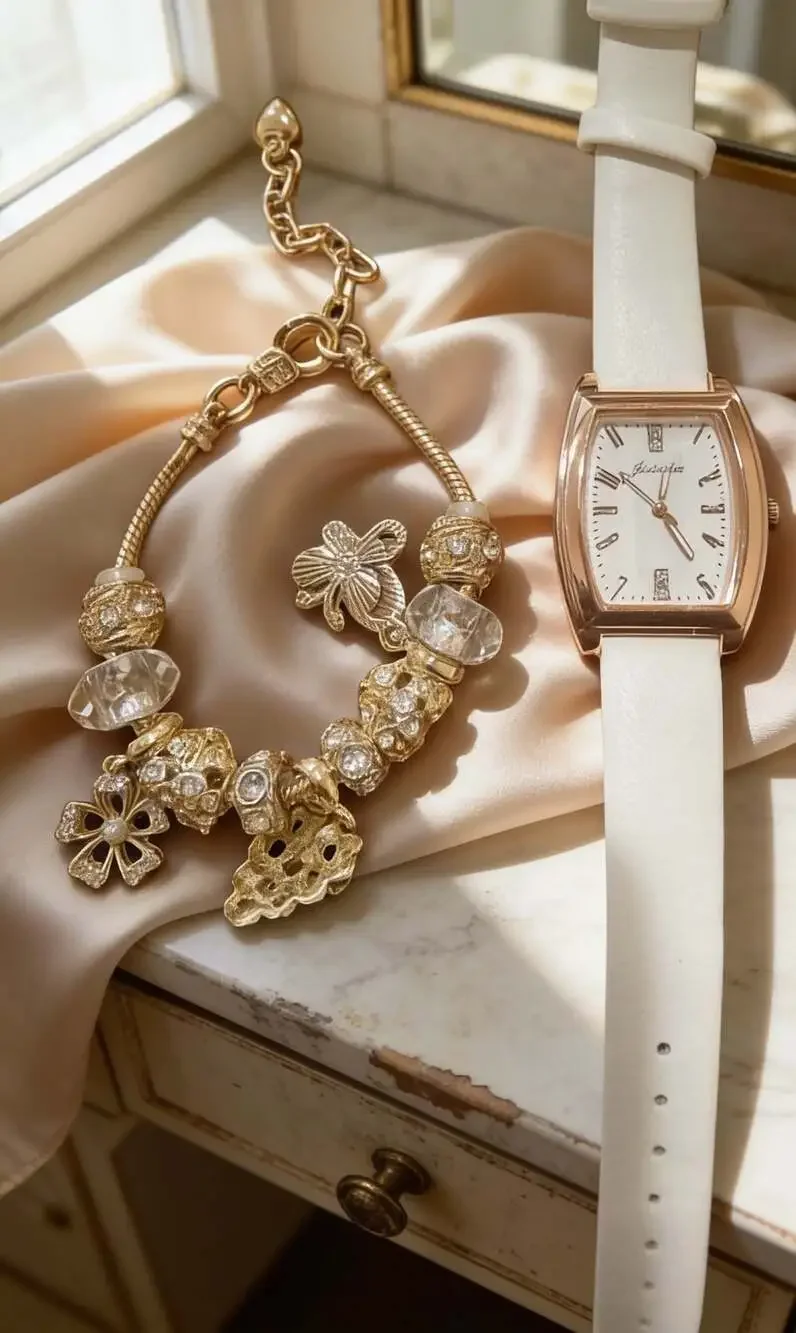 Women's Gold-Tone Charm Bracelet and Rose Gold-Tone Rectangle Watch Set with Whi